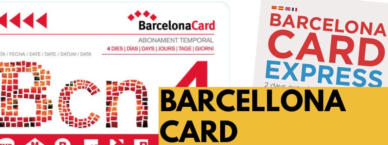 Immagine con Barcelona Card e Barcelona Express Card una accanto all'altra e rettangolo arancione con scritta nera Barcelona Card