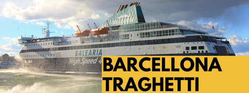 Fotografia di un traghetto in mare con rettangolo arancione in basso a destra con scritta nera Barcellona Traghetti