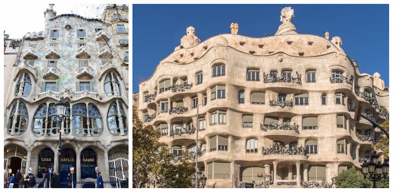 Collage di 2 foto con a sinistra la fotografia di Casa Batlló ed a destra casa Milà, due edifici progettati da Antoni Gaudì