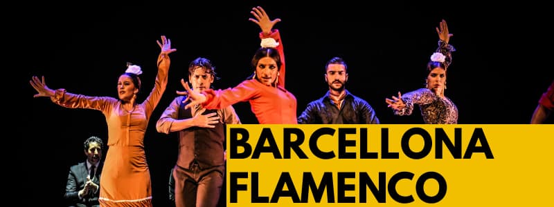 Fotografia di alcuni ballerini di Flamenco su sfondo nero con rettangolo arancione in basso a destra con scritta nera Barcellona Flamenco