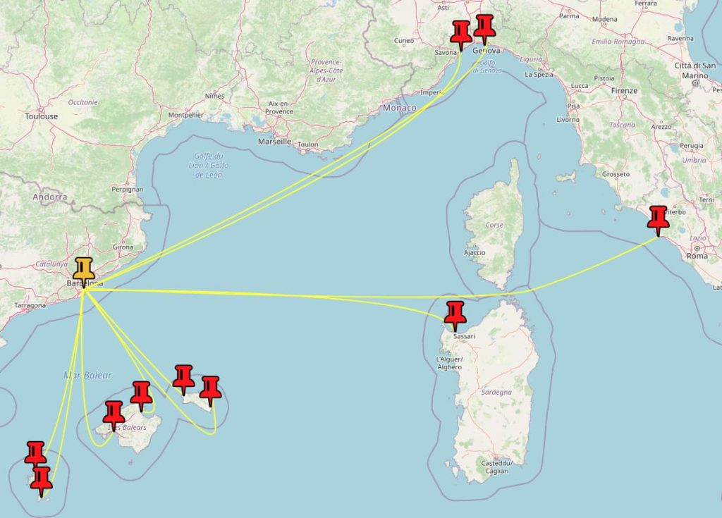 Cartina dell'Europa Meridionale (dove si vedono Italia, Spagna e Francia) con dei punti di riferimento su Barcellona e le città che possibile raggiungere con il traghetto da lì segnalate con linee gialle