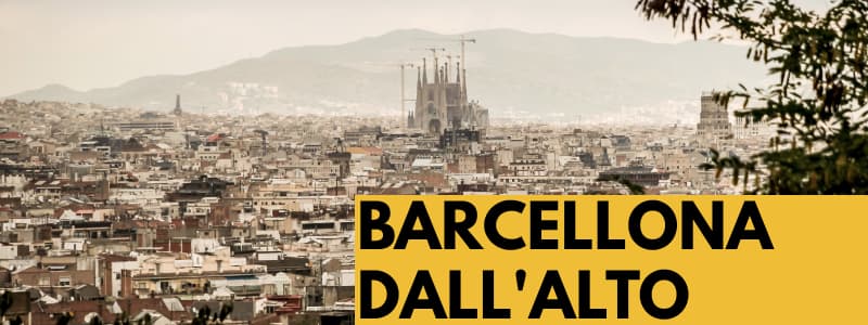 Fotografia della città di Barcellona dall'alto con albero sulla destra e rettangolo arancione in basso a destra con scritta nera "Barcellona dall'alto"