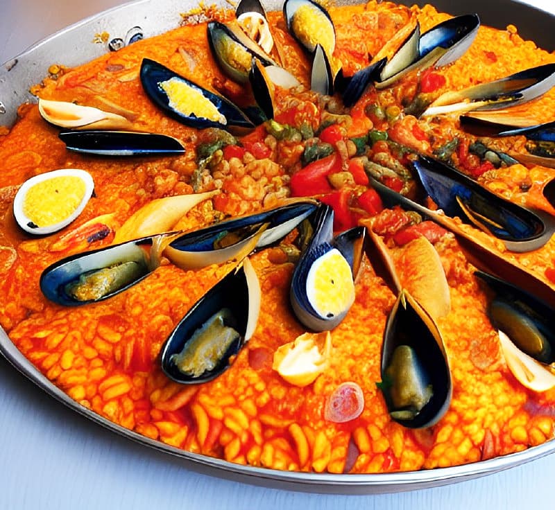 Fotografia ravvicinata di una paella in padella su un tavolo chiaro